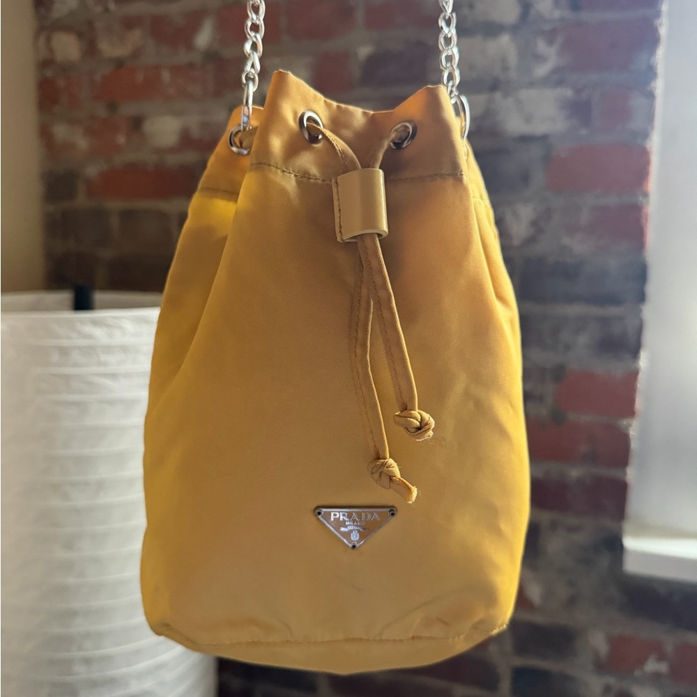 Prada Mustard Yellow Drawstring Mini Bucket Bag with Chain
